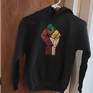 Well Worn Black Crewneck Hoodie with Multicolor Fist Graphic